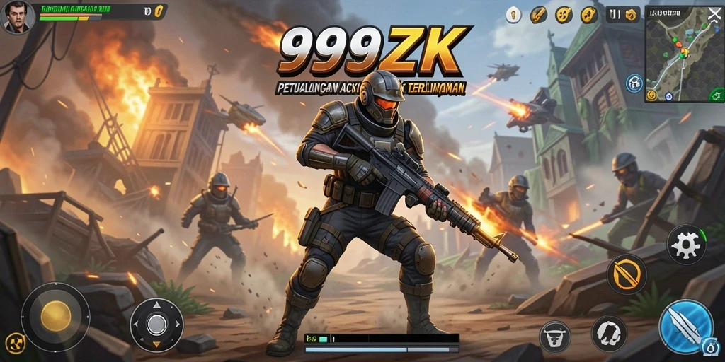 Screenshot utama 999ZK menampilkan karakter beraksi dalam pertempuran epik.