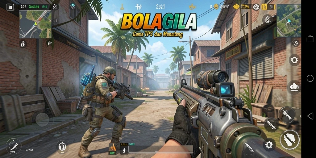 Screenshot utama BOLAGILA menunjukkan aksi pertempuran yang seru.