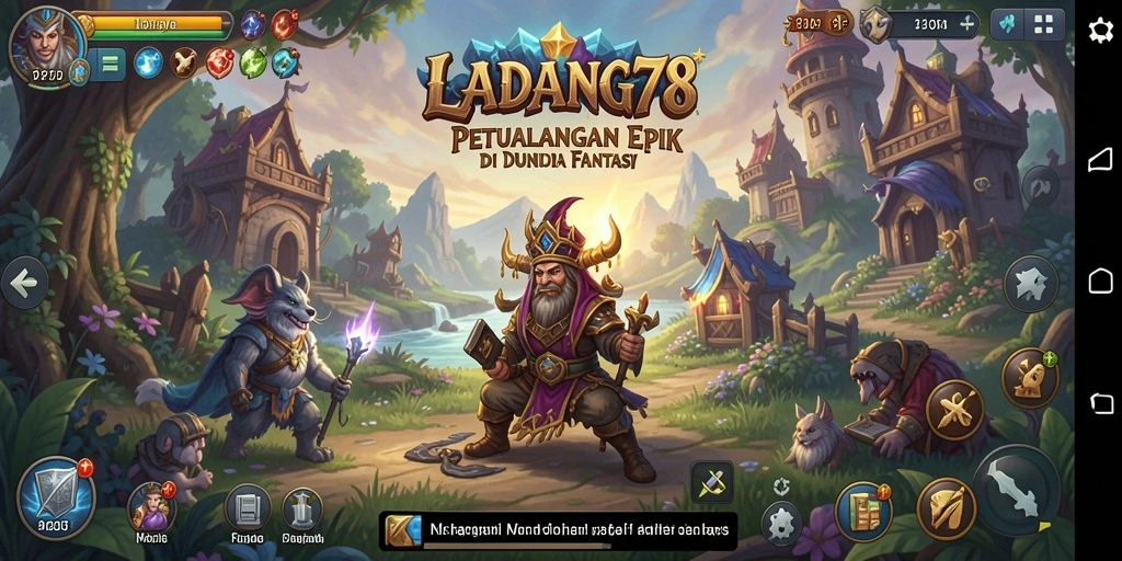 Screenshot LADANG78 menampilkan karakter dalam pertempuran epik di dunia fantasi.