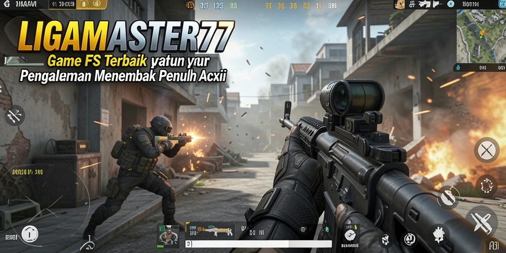 Screenshot menampilkan aksi seru dalam permainan FPS LIGAMASTER77.