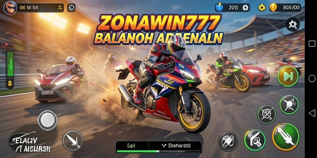 Screenshot gameplay ZONAWIN777 yang menunjukkan aksi balapan motor yang mendebarkan.